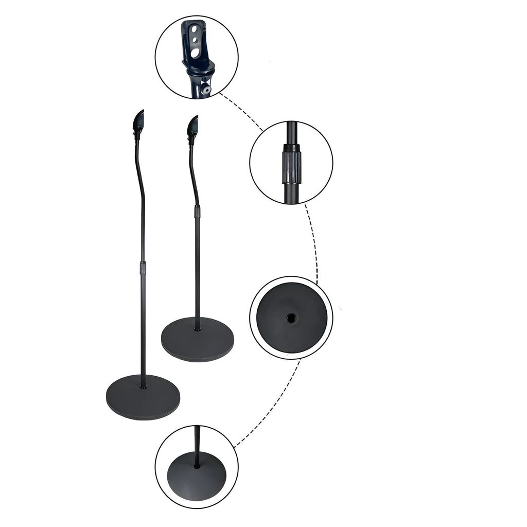 Black tripod speaker stand holding a bookshelf satellite speaker on its hanger rack.