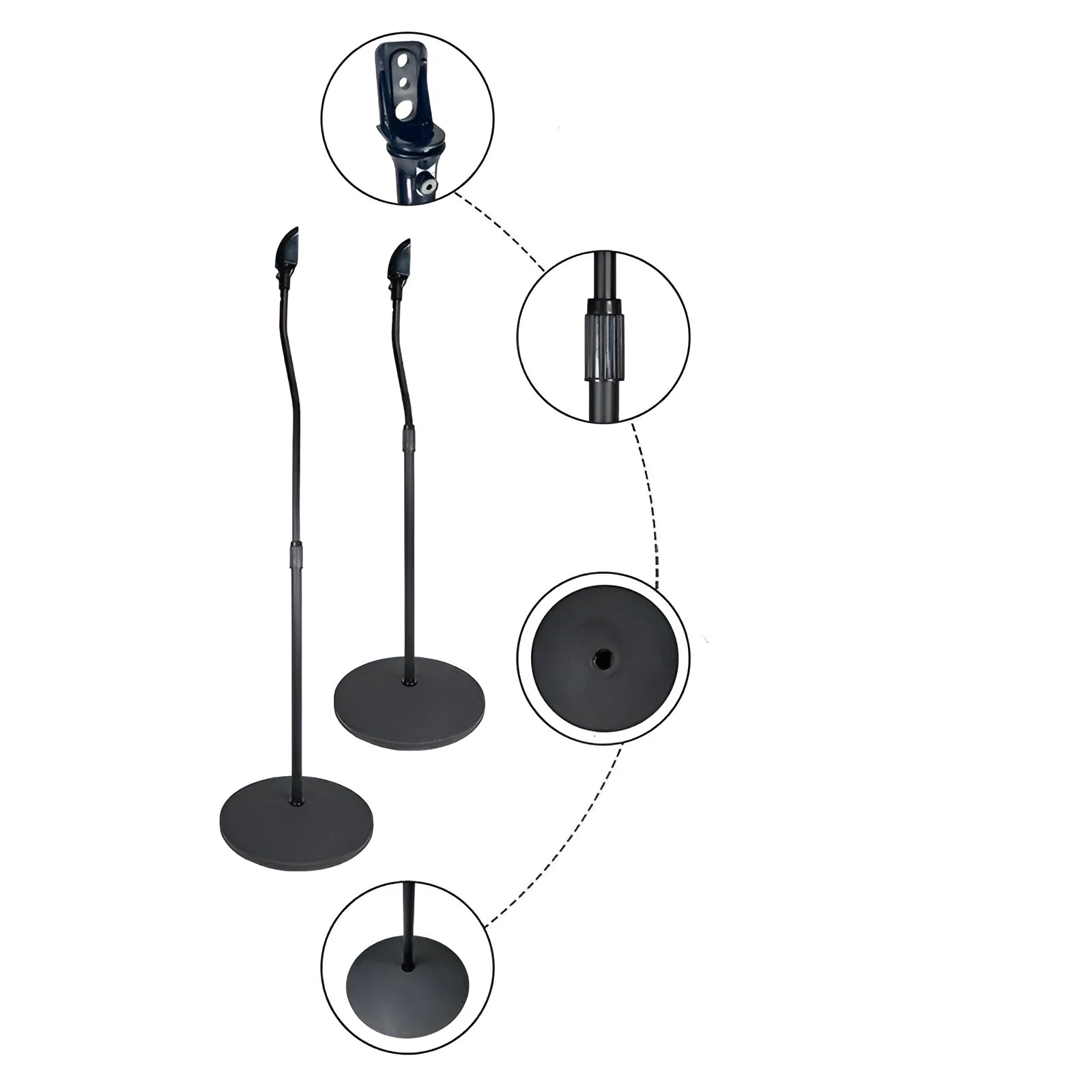 Black tripod speaker stand holding a bookshelf satellite speaker on its hanger rack.