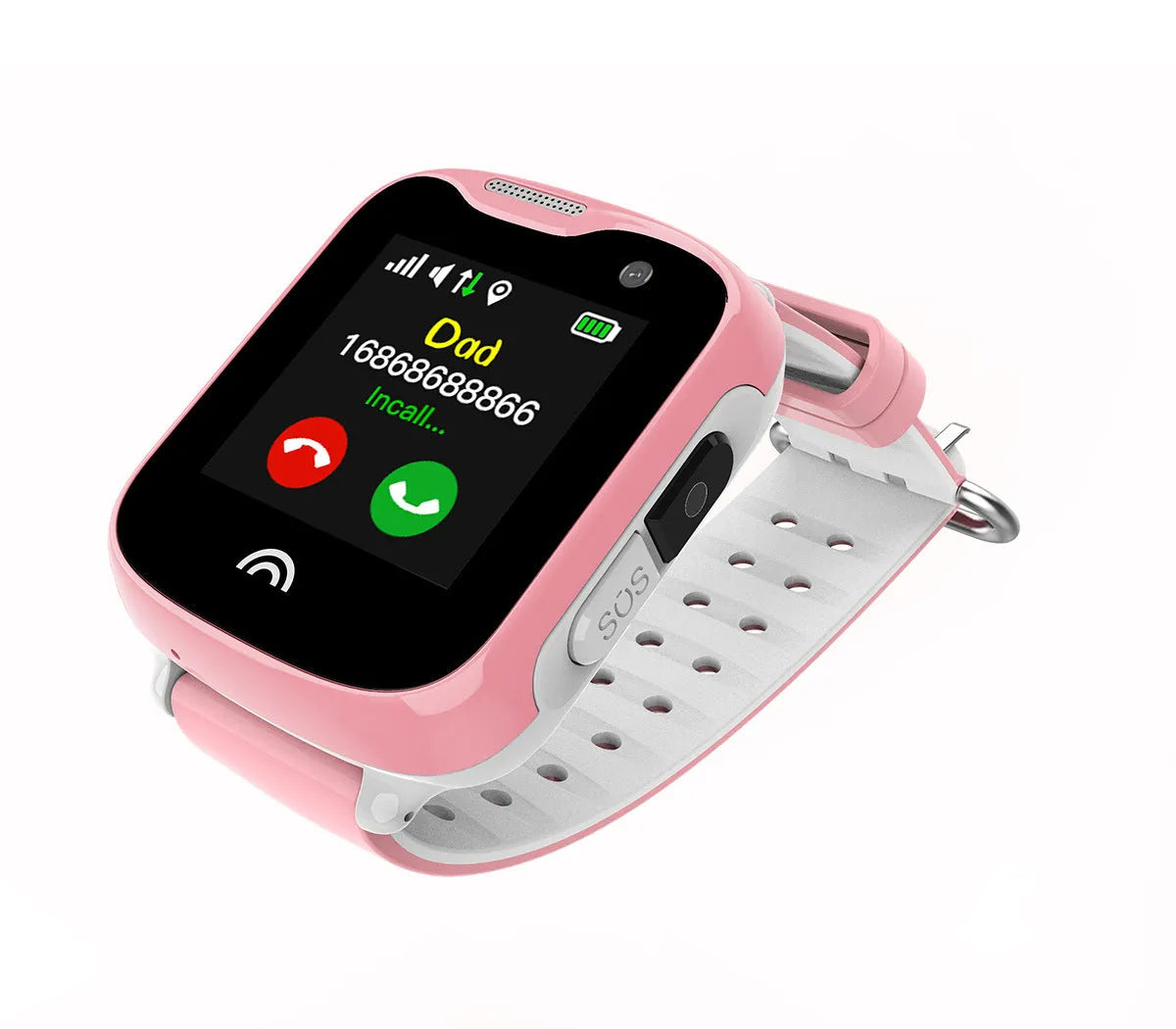 Children's waterproof smart watch with touch screen and silicone strap in black, blue, or pink.