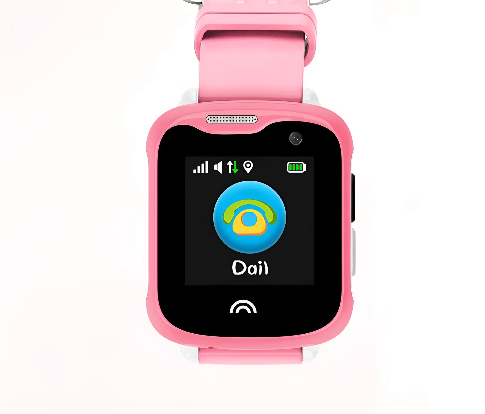 Children's waterproof smart watch with touch screen and silicone strap in black, blue, or pink.