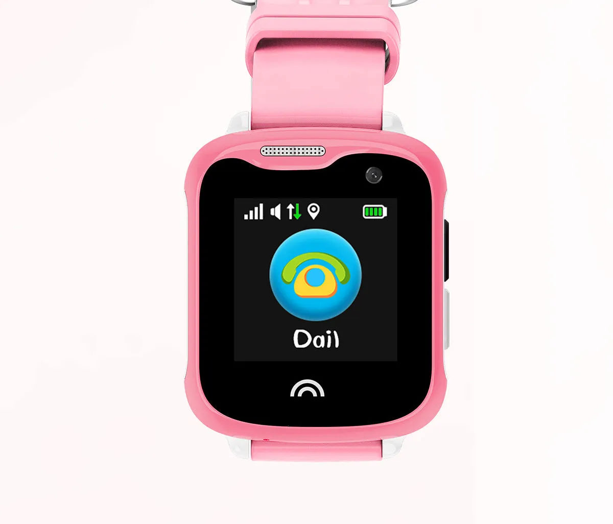 Children's waterproof smart watch with touch screen and silicone strap in black, blue, or pink.
