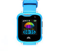 Children's waterproof smart watch with touch screen and silicone strap in black, blue, or pink.