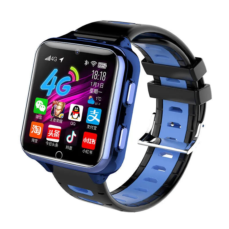 Children's smart sports watch with touchscreen, camera, and coloured silicone strap.