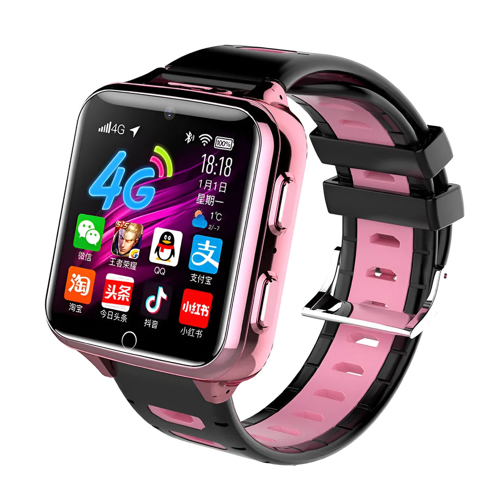 Children's smart sports watch with touchscreen, camera, and coloured silicone strap.