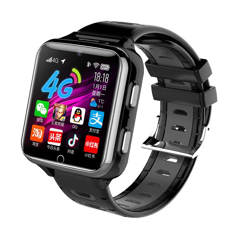 Children's smart sports watch with touchscreen, camera, and coloured silicone strap.