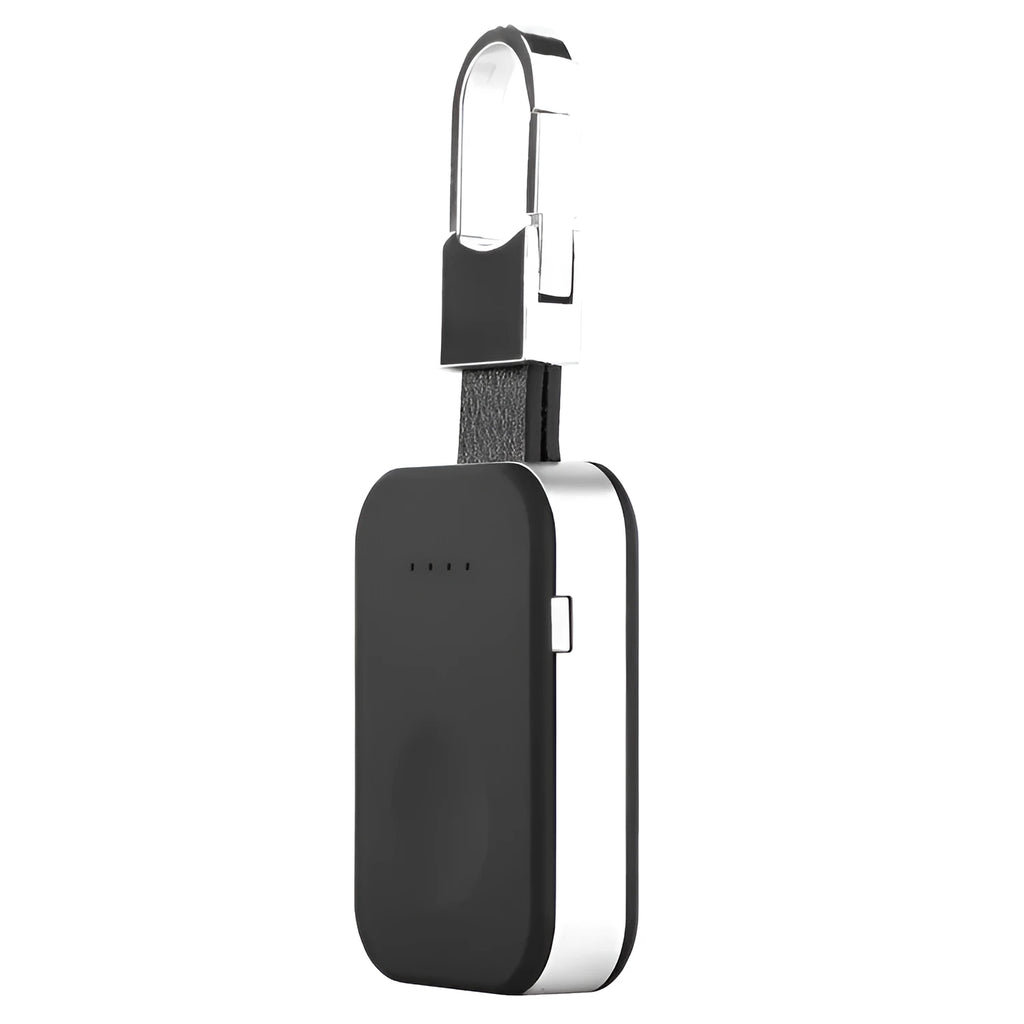 Black Apple Watch wireless charging power bank on a keychain, showing compact size.