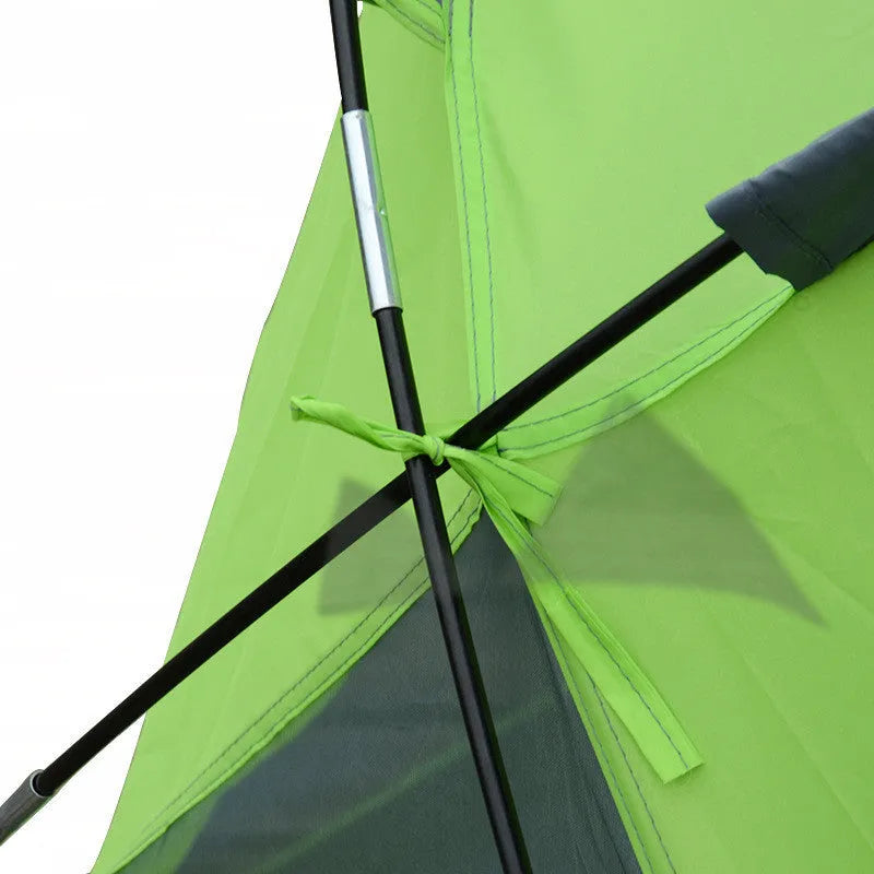 Green double-layer outdoor camping beach tent with glass fibre poles for two people fishing picnic