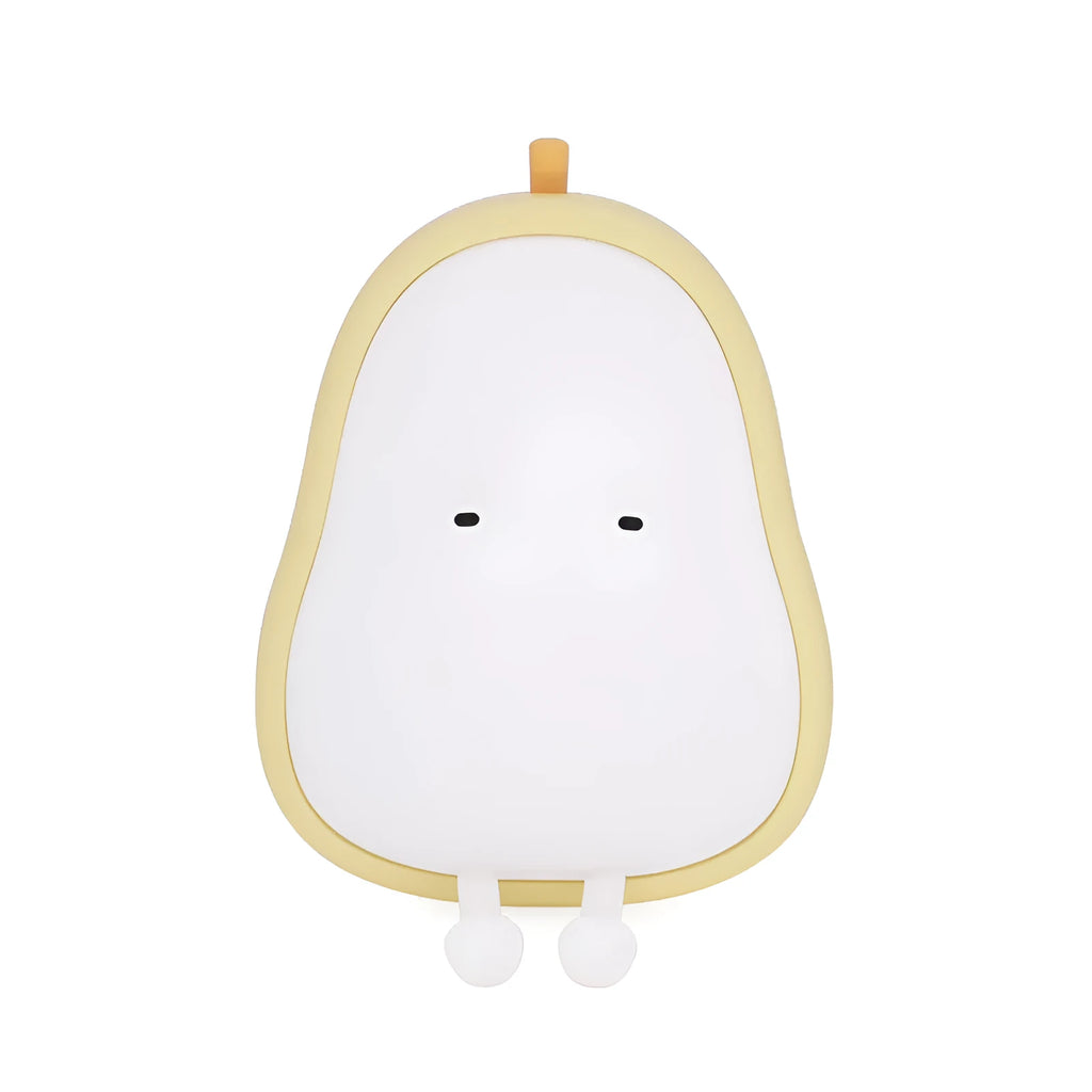 Pear-shaped silicone night light with warm yellow glow on a bedside table.