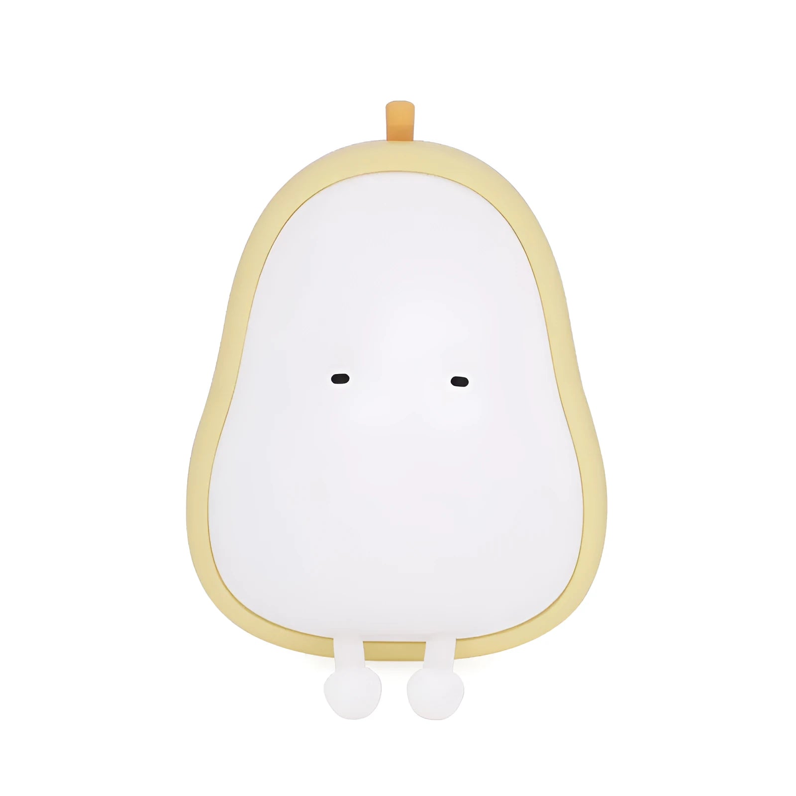 Pear-shaped silicone night light with warm yellow glow on a bedside table.