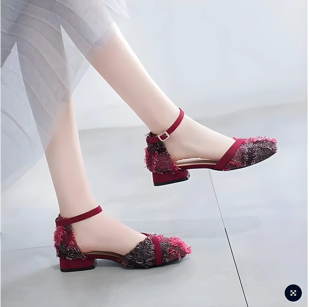 Women's apricot suede D'Orsay flats with an ankle strap and a low rubber sole.