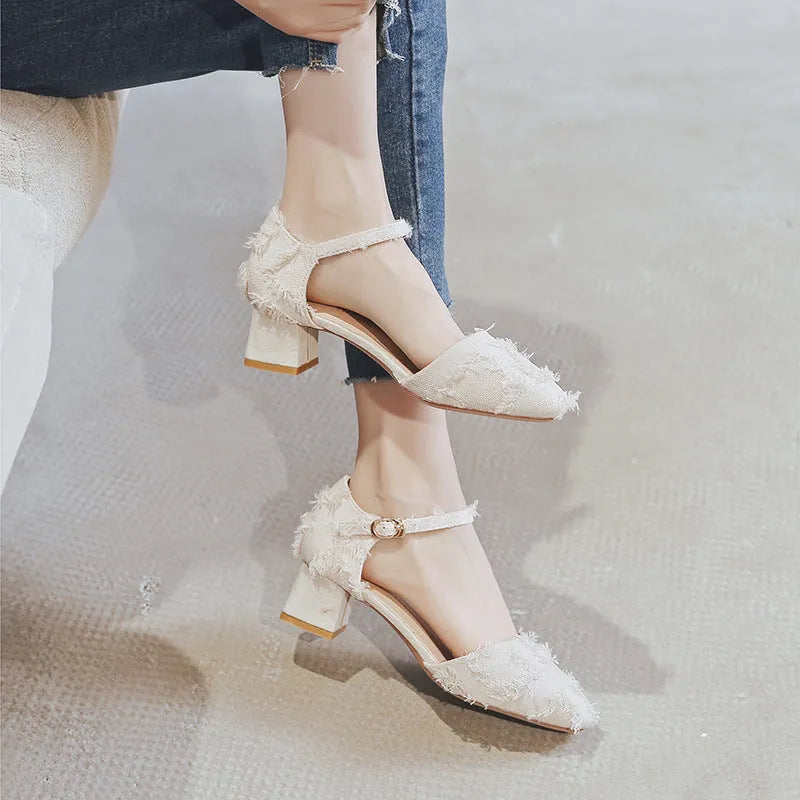 Women's apricot suede D'Orsay flats with an ankle strap and a low rubber sole.