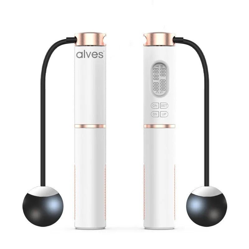 White smart counting jump rope with LCD night vision screen and dual-use cordless ball and wire rope accessories