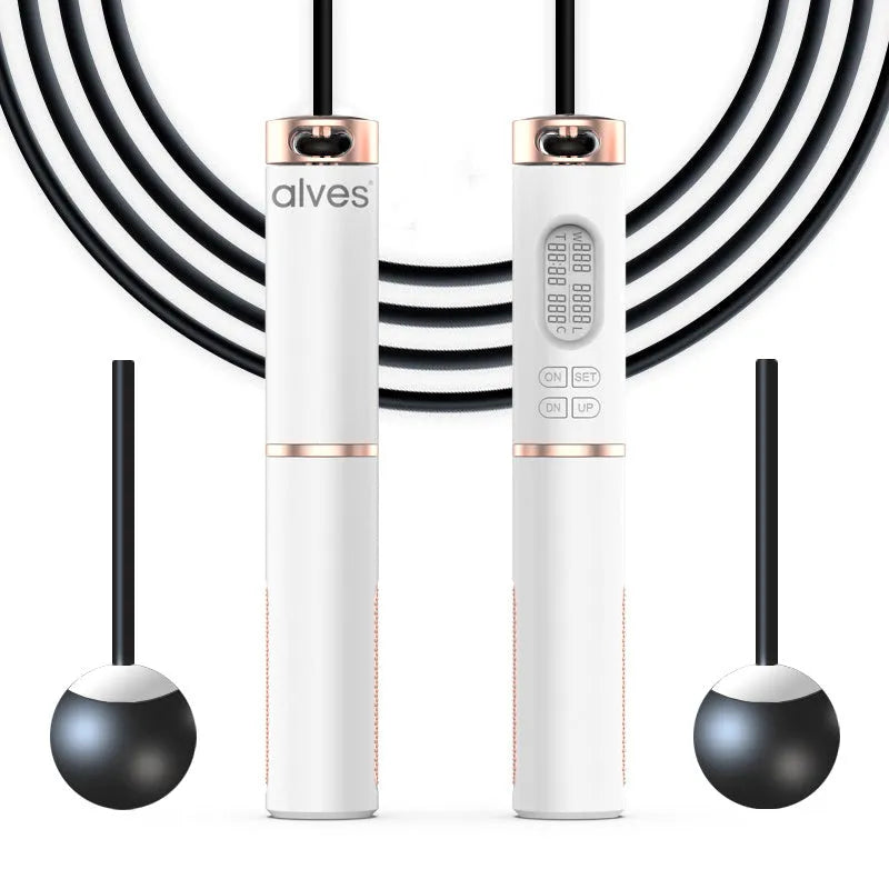 White smart counting jump rope with LCD night vision screen and dual-use cordless ball and wire rope accessories