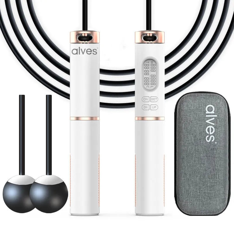 White smart counting jump rope with LCD night vision screen and dual-use cordless ball and wire rope accessories
