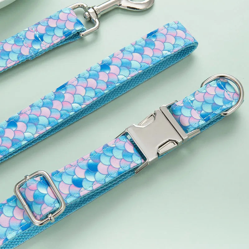 Blue mermaid dog collar and leash set with attached traction rope, available in sizes XS to XL