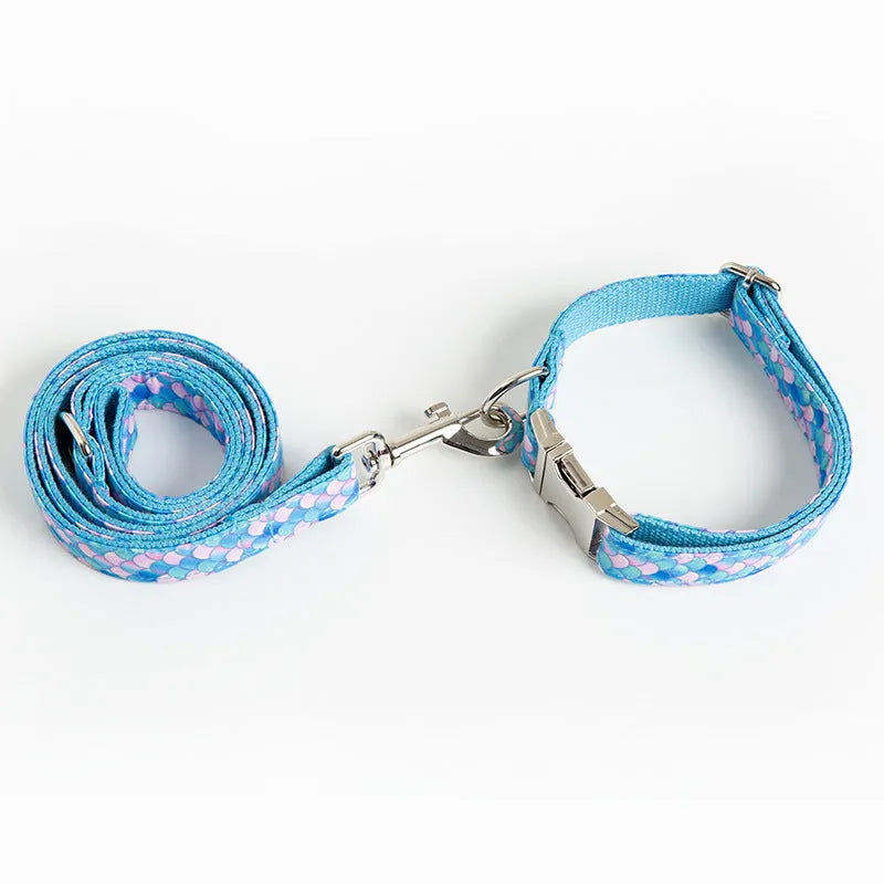 Blue mermaid dog collar and leash set with attached traction rope, available in sizes XS to XL