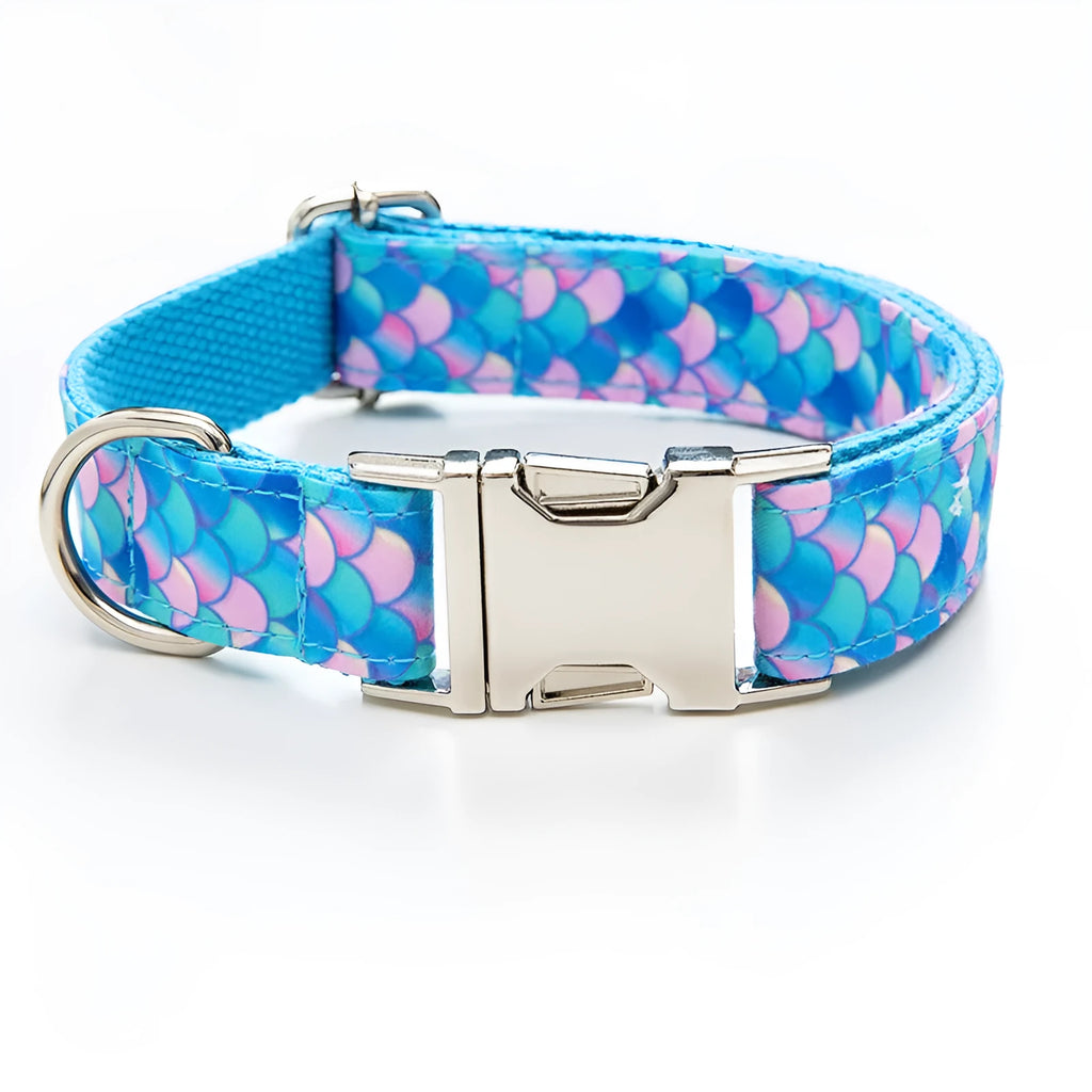 Blue mermaid dog collar and leash set with attached traction rope, available in sizes XS to XL