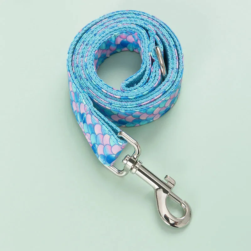 Blue mermaid dog collar and leash set with attached traction rope, available in sizes XS to XL