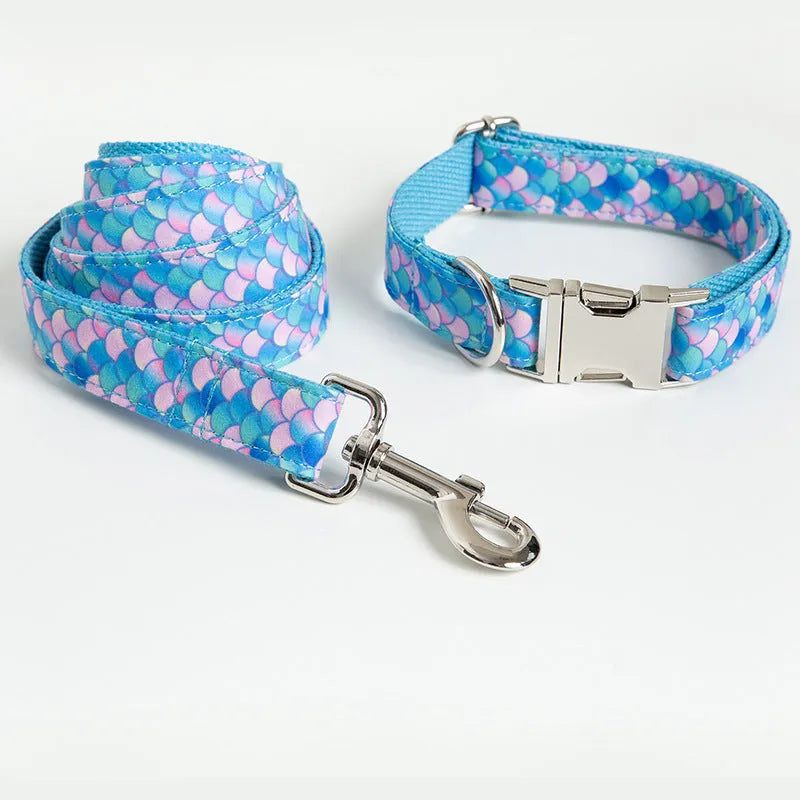 Blue mermaid dog collar and leash set with attached traction rope, available in sizes XS to XL