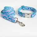 Blue mermaid dog collar and leash set with attached traction rope, available in sizes XS to XL