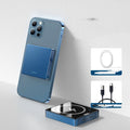 MagSafe-compatible wireless power bank in blue, grey, square blue, or square grey, showing magnetic charging surface.