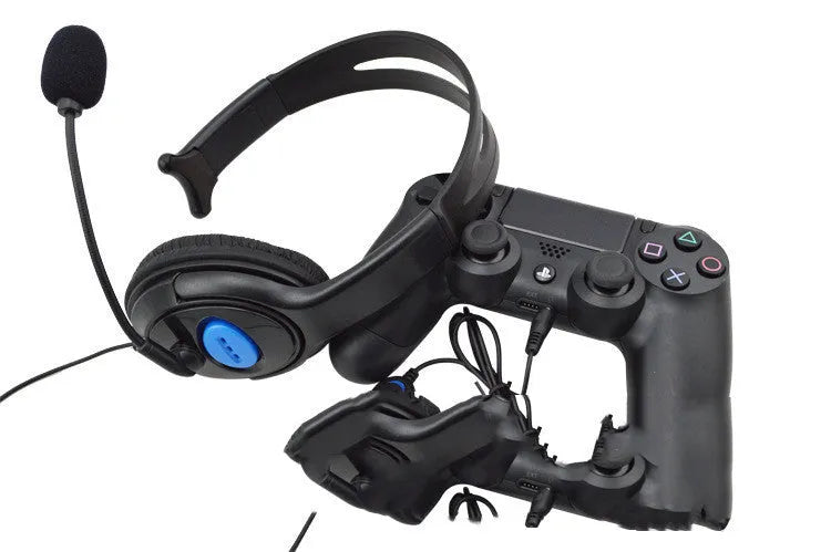 Black PS4 wired gaming headset with 3.5mm audio jack and head-mounted design