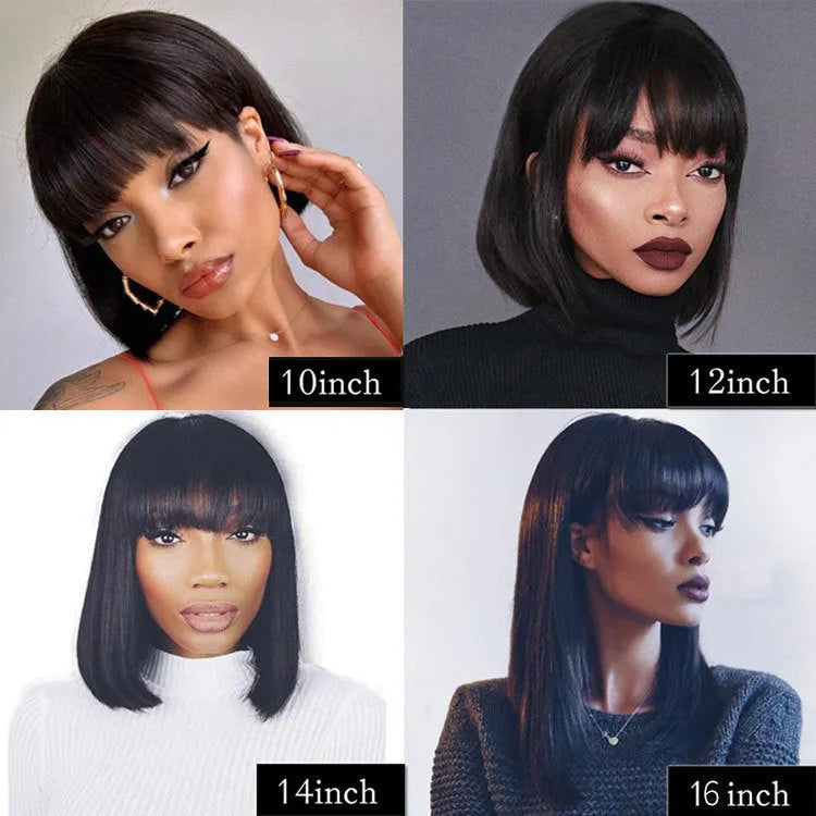 Unice machine-made human hair wig in black with 10-inch short to medium length style.