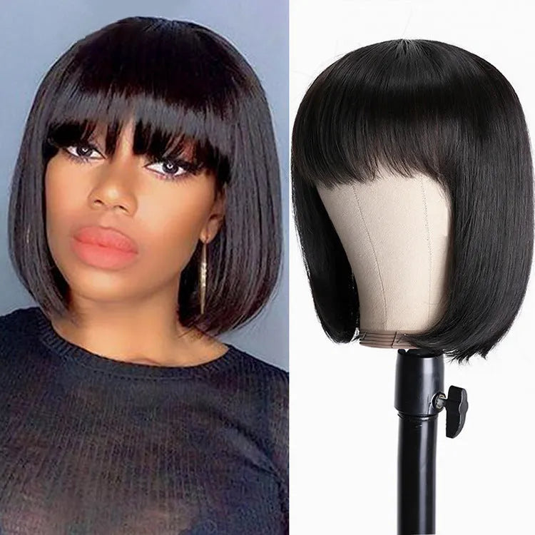 Unice machine-made human hair wig in black with 10-inch short to medium length style.