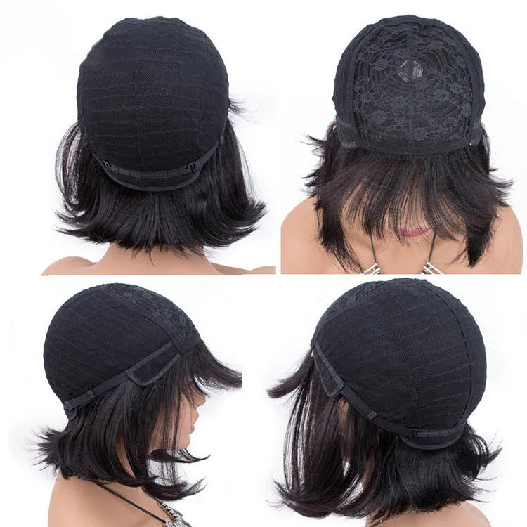 Unice machine-made human hair wig in black with 10-inch short to medium length style.