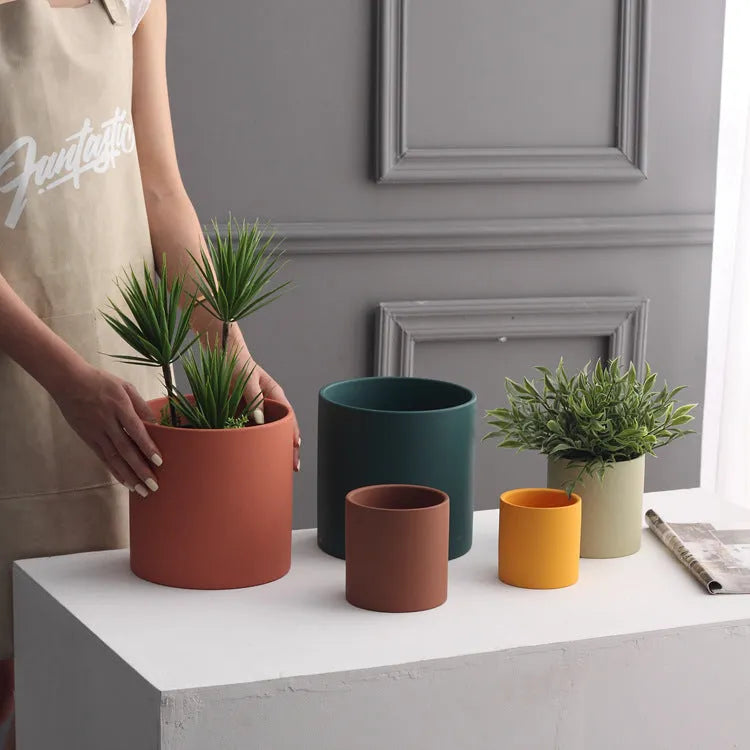 Nordic industrial style ceramic succulent planter with drainage hole in cylindrical shape