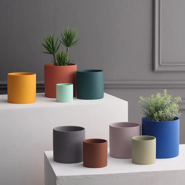 Nordic industrial style ceramic succulent planter with drainage hole in cylindrical shape