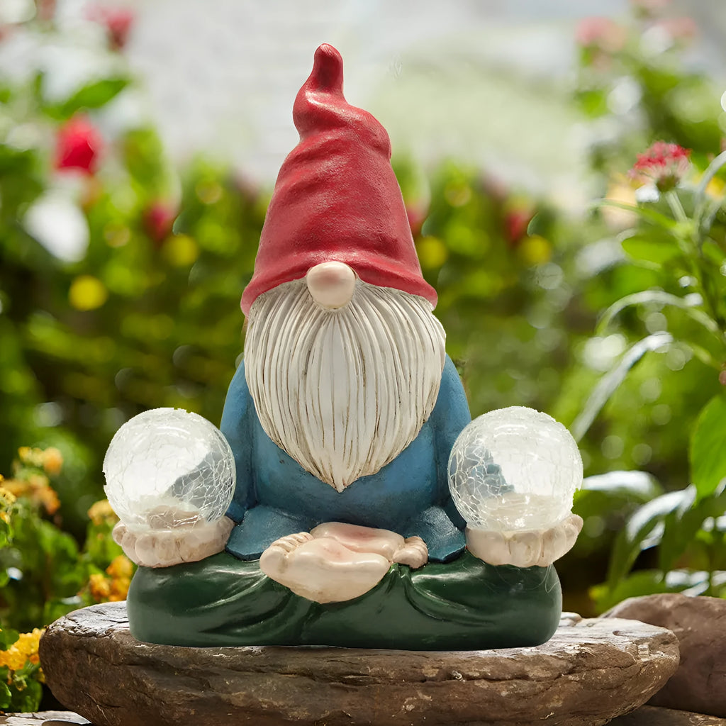 Solar LED resin dwarf doll garden ornament with faceless old man design, shown outdoors.