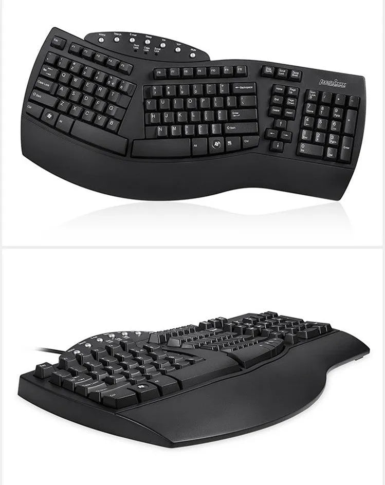 Perixx Periboard-512 ergonomic split keyboard in black and white with adjustable separation