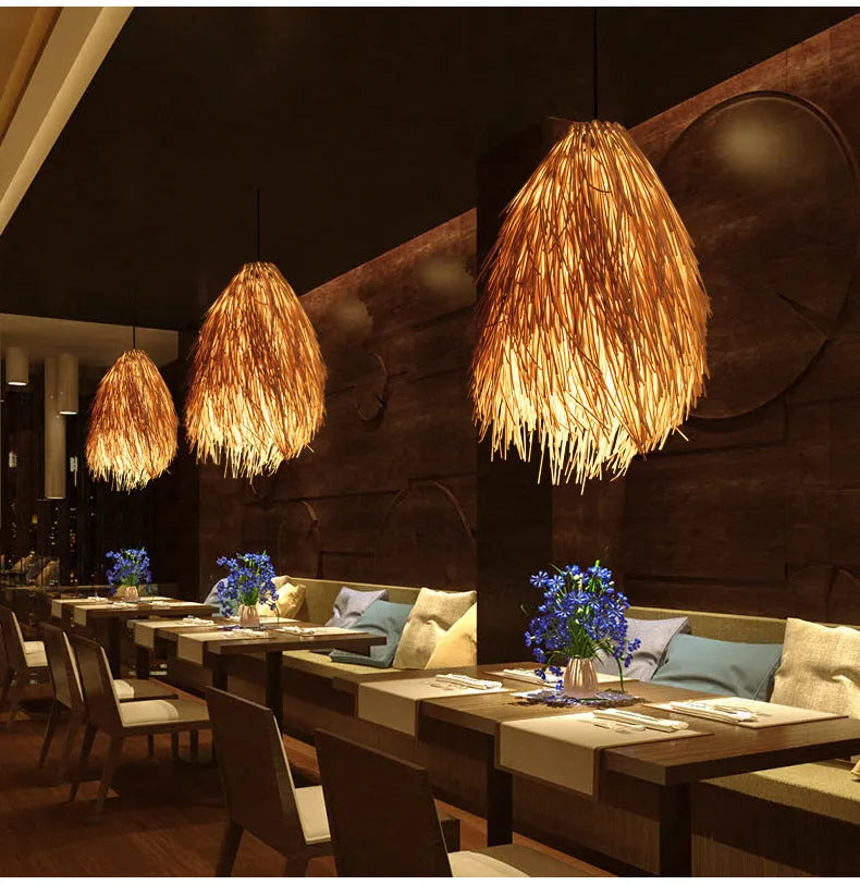 Rattan pine cone design chandelier light fixture with adjustable height