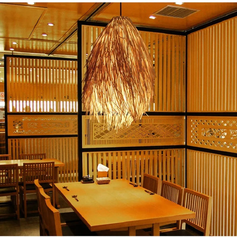 Rattan pine cone design chandelier light fixture with adjustable height