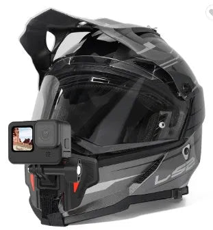 Black universal motorcycle helmet chin strap mount for GoPro and action cameras showing nylon straps and stainless steel clips.