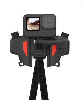 Black universal motorcycle helmet chin strap mount for GoPro and action cameras showing nylon straps and stainless steel clips.