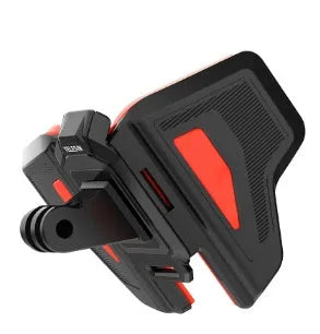 Black universal motorcycle helmet chin strap mount for GoPro and action cameras showing nylon straps and stainless steel clips.