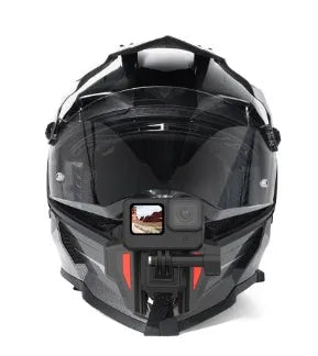 Black universal motorcycle helmet chin strap mount for GoPro and action cameras showing nylon straps and stainless steel clips.
