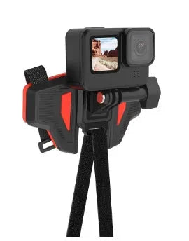 Black universal motorcycle helmet chin strap mount for GoPro and action cameras showing nylon straps and stainless steel clips.