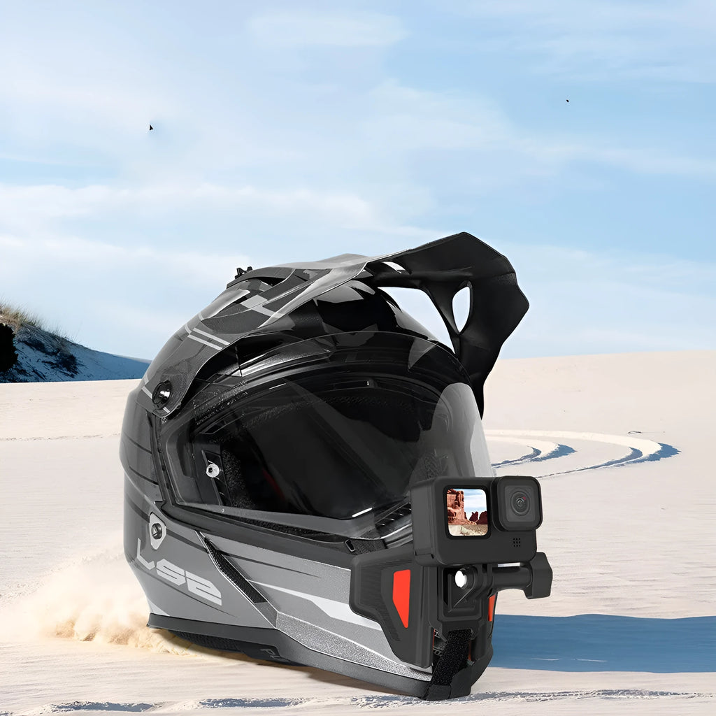 Black universal motorcycle helmet chin strap mount for GoPro and action cameras showing nylon straps and stainless steel clips.