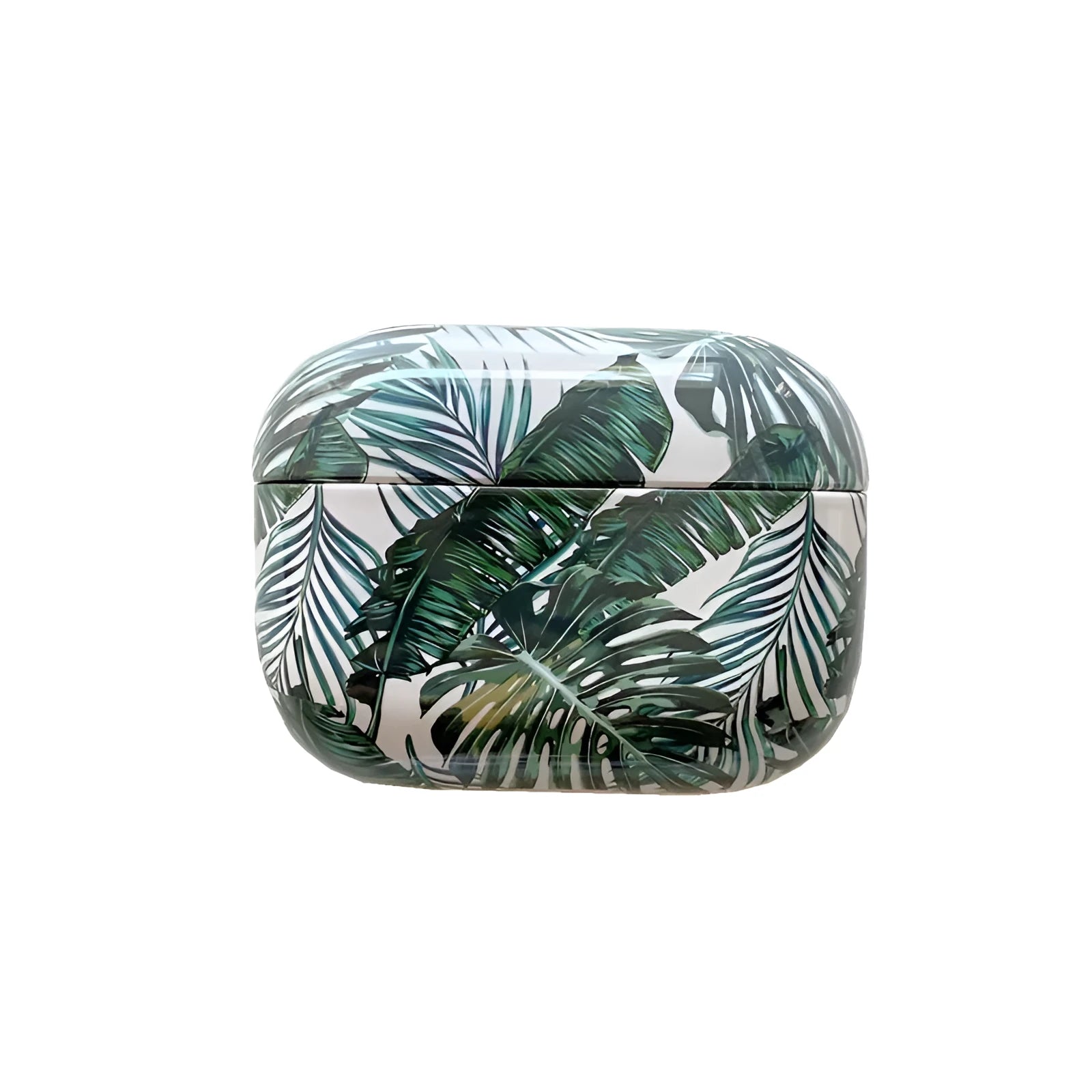 AirPods case with blue and green banana leaf tropical pattern on a TPU protective cover.