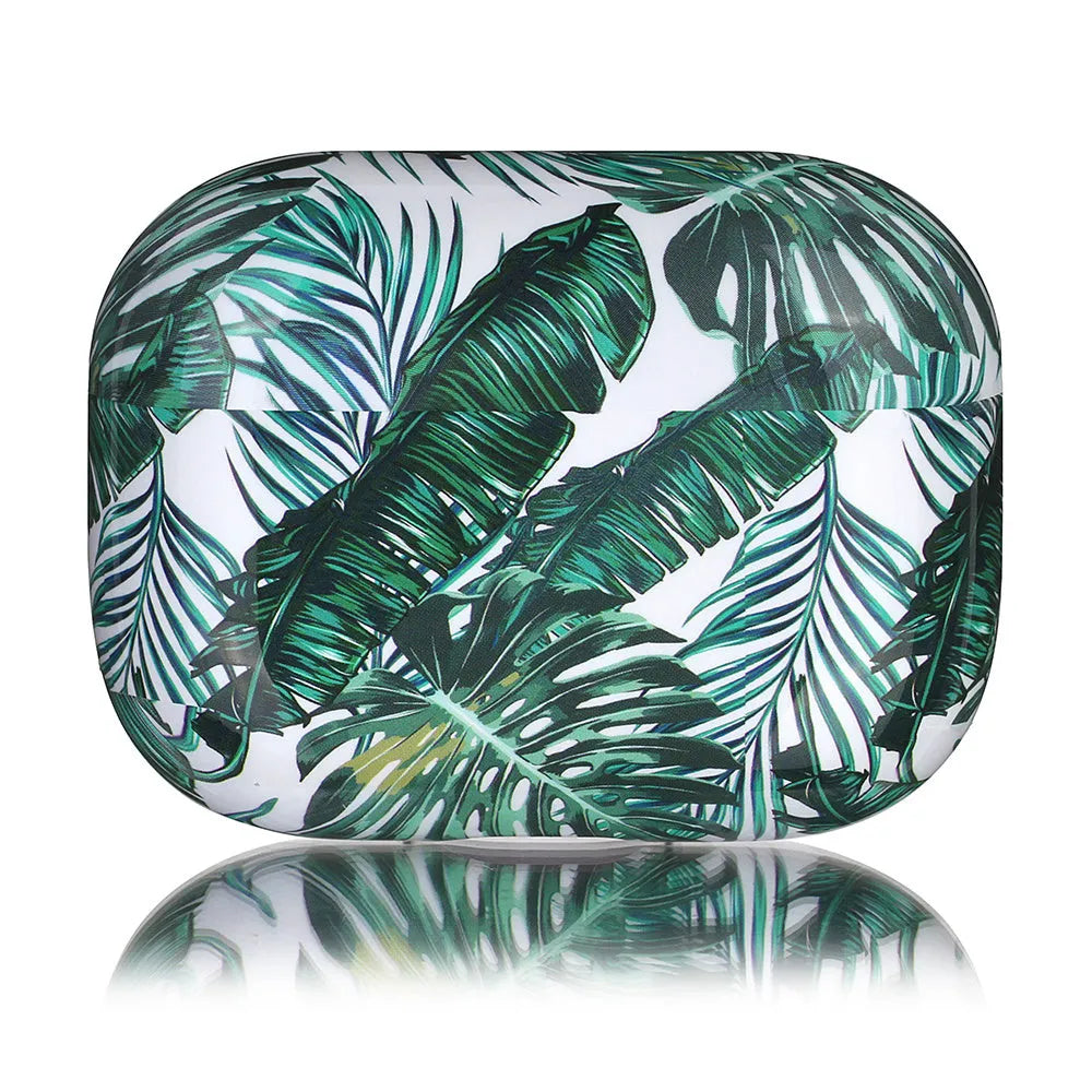 AirPods case with blue and green banana leaf tropical pattern on a TPU protective cover.