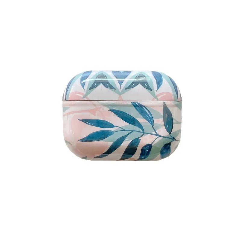 AirPods case with blue and green banana leaf tropical pattern on a TPU protective cover.