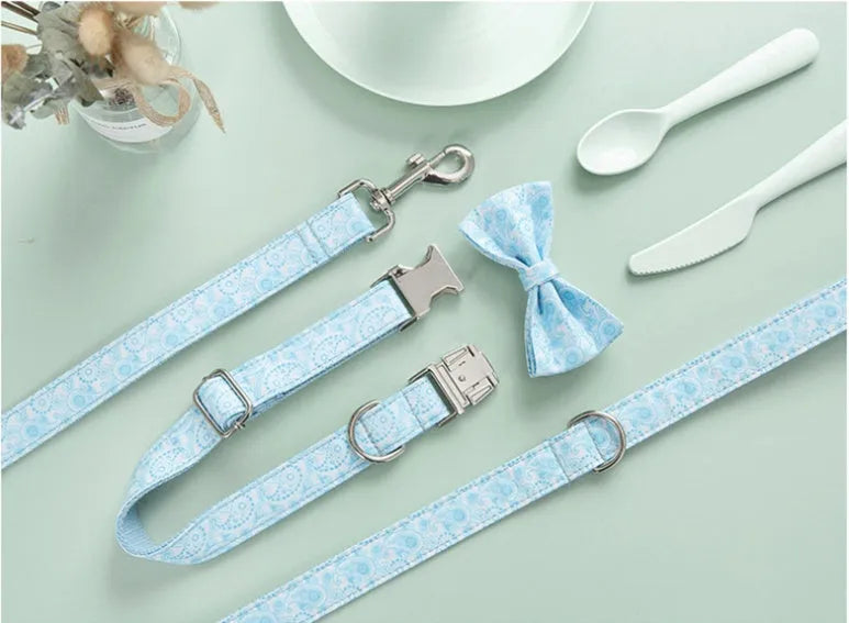 Paisley polyester pet collar leash set with matching bow in XS to XL sizes