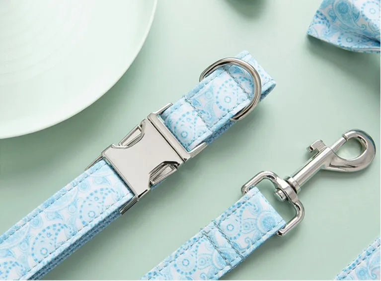 Paisley polyester pet collar leash set with matching bow in XS to XL sizes