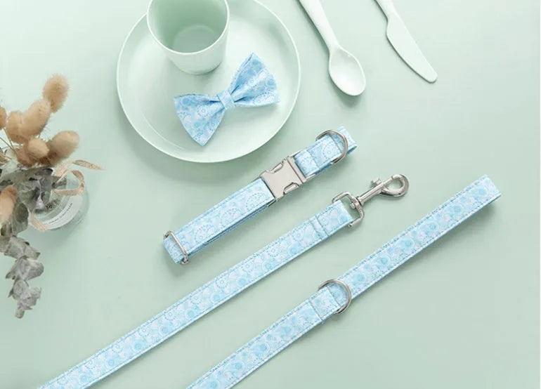 Paisley polyester pet collar leash set with matching bow in XS to XL sizes