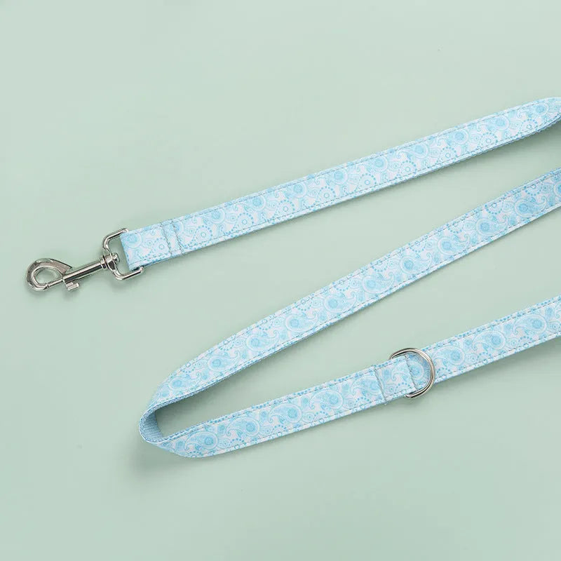 Paisley polyester pet collar leash set with matching bow in XS to XL sizes