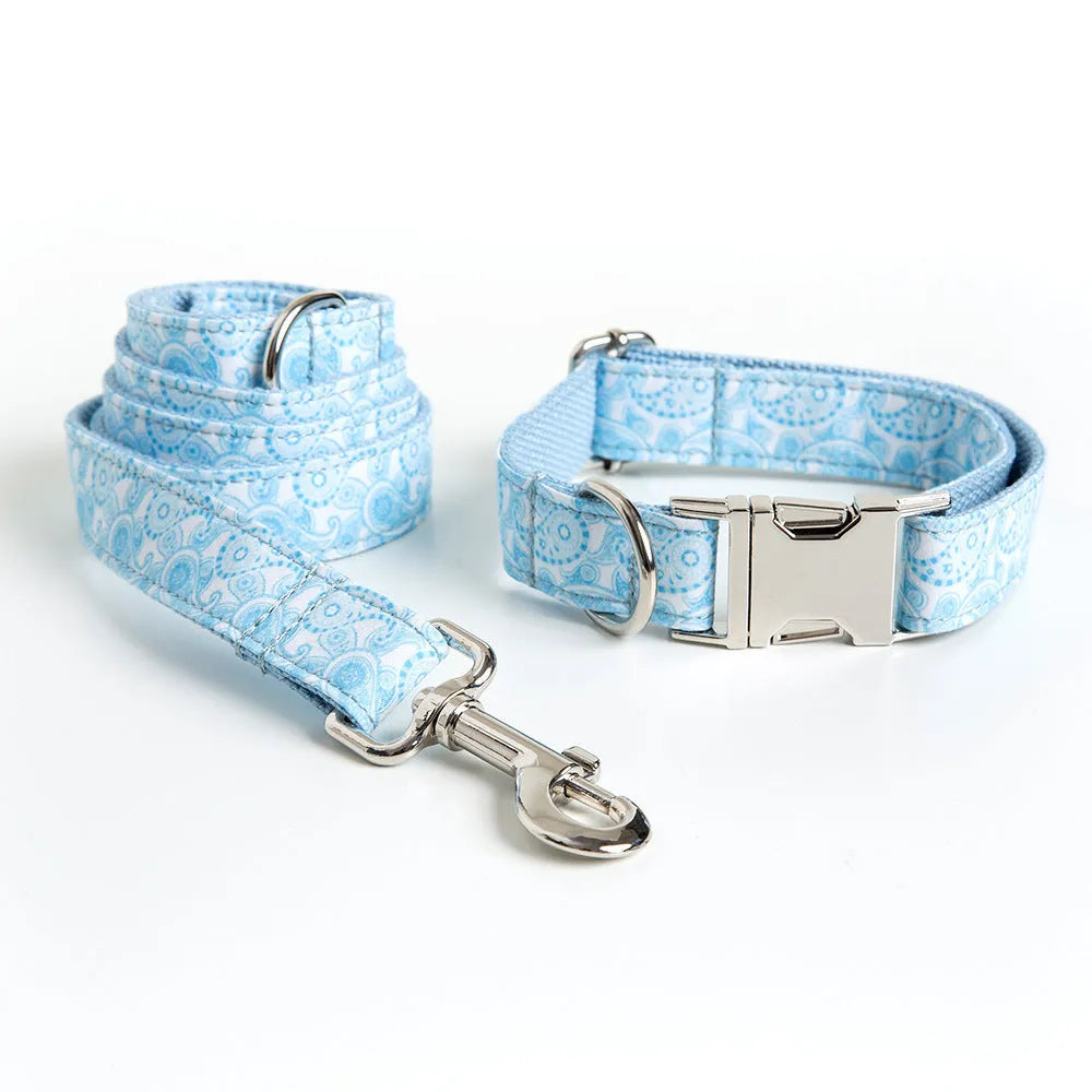 Paisley polyester pet collar leash set with matching bow in XS to XL sizes