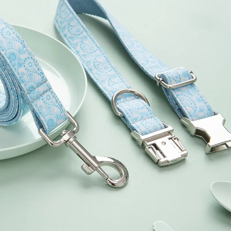 Paisley polyester pet collar leash set with matching bow in XS to XL sizes